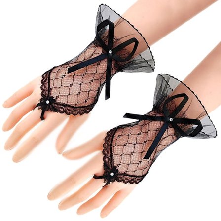 New Short Black Gloves Lace Wedding Lolita Clothing Mesh Bow Sleeves