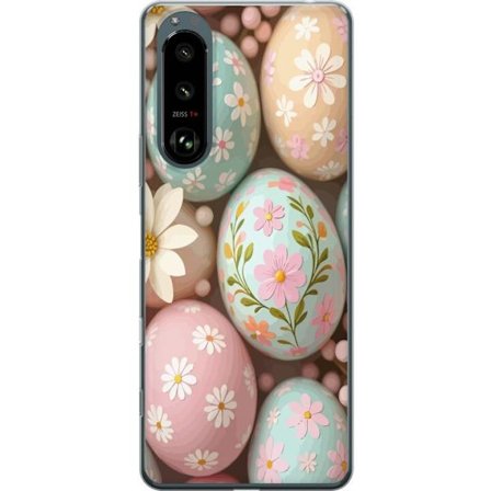 Yhteensopiva Puhelinkuori Sony Xperia 5 III Pastellivärisiä pääsiäismunia, joissa on käsimaalatut kukat ja keväinen tunnelma pehmeässä korist