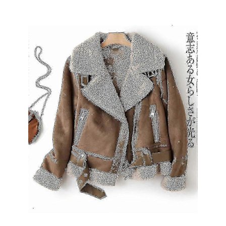 Dam Vinter Faux Shearling Fårskinn Fusk Läder Jackor Dam Tjock Varm Mocka Lamm Kort Motorcykel Brun Kappa