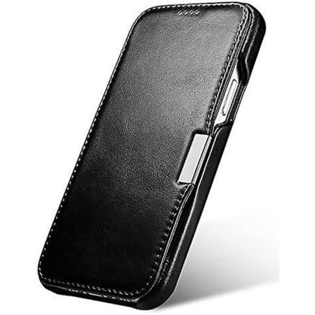 Läderfodral Kompatibelt med iPhone 12 - Vintage Stil Äkta Läder Flip Folio Design Fodral med Magnetisk Stängning - Svart