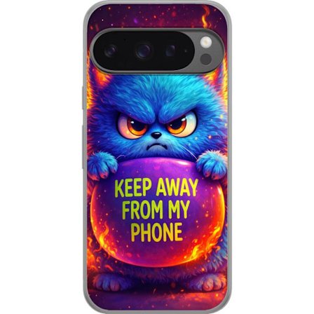 Kompatibelt Mobildeksel til Google Google Pixel 9 Pro XL Sinna lodne blå katt med teksten "Hold deg unna telefonen min" i neonfarger og ildlignende e