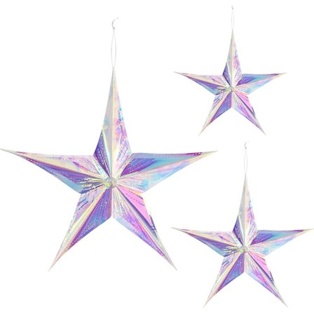 Sæt med 3 Iridescent Foldepapir Julestjerner med 5 Takker - 3D Plastikstjerner til Juledekoration, Træ, Vinduer, Bryllupper, Fødselsdage eller Kre