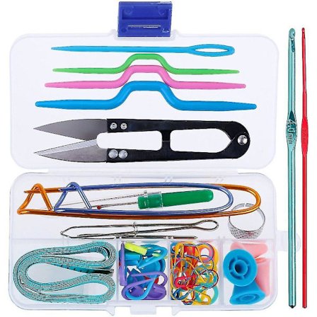 63 osainen neulontasarja - Neulontatyökalut työkalusarjan lisävarustelaatikolla ja 2 neulontavälineellä