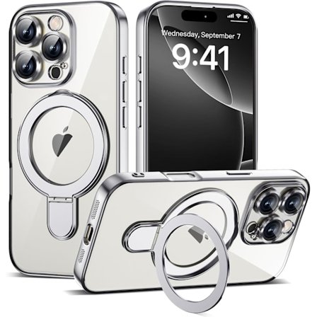 Kompatibelt med iPhone 16 Pro Skal med Magnetisk Ringstativ [Kompatibelt med Mag-Safe] [Fullständigt Kameralinsskydd] Pläterad Klar Pho