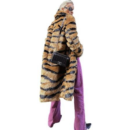 Damjacka i konstgjord päls, vinter, tigermönster, lös pälsjacka