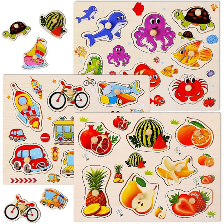 Puslespill for småbarn, trepuslespill med knotter for småbarn, 3-pakning havverden, transportmidler, fruktpuslespill for barn 3-6 år, tidlig 