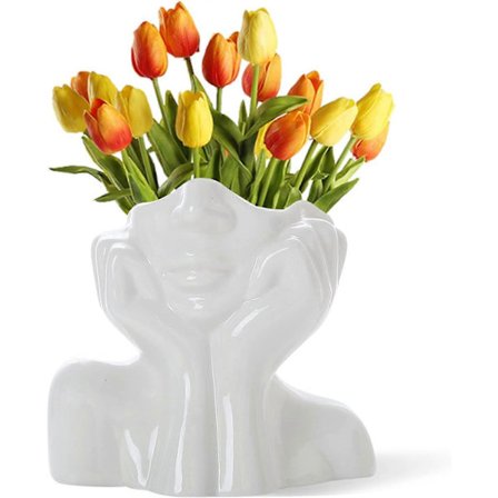 Valkoinen keraaminen kasvomaljakko, naisen muotoinen pää, puoli vartaloa, rintakuva, maljakot, boho, feministinen minimalismi, koristeellinen, moderni