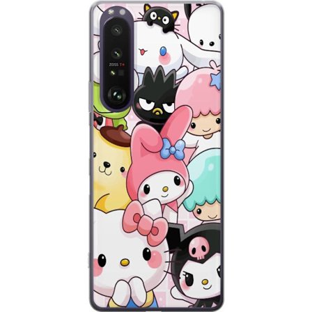 Kompatibelt Mobildeksel til Sony Xperia 1 III Tett mønster av søte figurer med store øyne i ulike farger og uttrykk med LABUBU-tekst