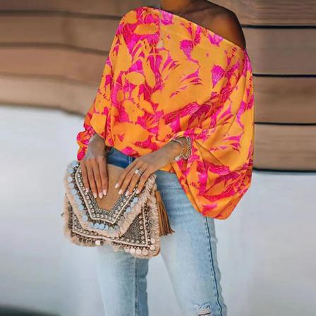 Dam Off Shoulder Pullover Print T-shirt Med Lykta Ärmar