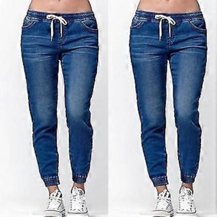 Dame Casual Elastisk Midje Jeans Bukser Joggebukser Denim Joggebukser (S Mørk Blå)