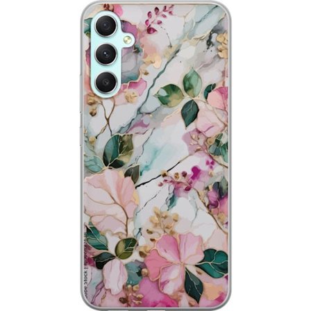 Kompatibel Mobilcover til Samsung Galaxy A34 Abstrakt marmormønster med blomster, blade og gyldne detaljer i bløde pastelfarver