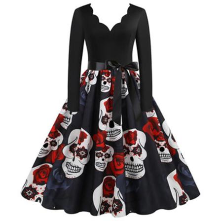 Halloween, Casual V-ringad, Blommig Print Klänning För Kvinnor