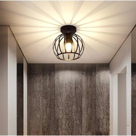 Vintage industriell taklampe, svart taklampe i metallbur vannmelon, kube, E27 taklampe, skjerm, lysekrone for hall, loft, balkong