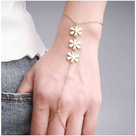 Boho Blomster Finger Armband Guld Ring Armband Vintage Armband Minimalistisk Ring Kedja Armband Hand Smycken för Kvinnor och Flickor Gåvor