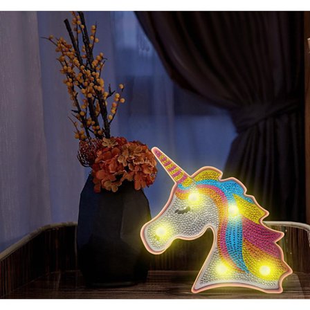 Enhjørning Diamantmaleri Lampe med LED - 14,5x18x3cm