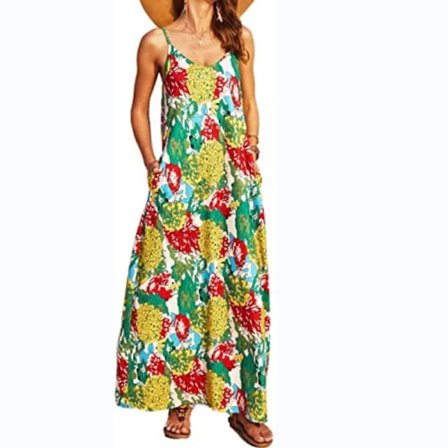 Naisten kesäinen rento kukallinen boheemi spaghetti-hihnalla varustettu pitkä maxi-mekko taskuilla ----- Vihreä kukka (Koko L)