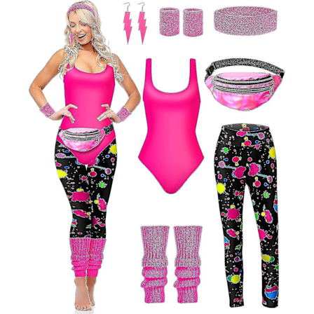 7-delt 80'er træningsdragt 80'er tilbehørssæt 80'er 90'er trikot leggings hovedbånd håndledsvarmere øreringe mavepose Splash Print XX-Large