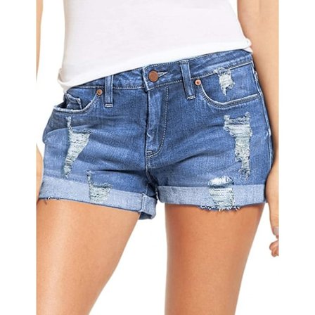 Dame Ripped Denim Jean Shorts Stretchy Folded Hem Short Jeans --- Lyseblå (Størrelse M)