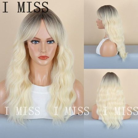 Dame parykk mote gull gradient mellomlang krøllete parykk