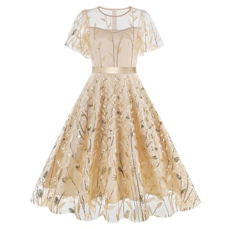 Kvinder 1950'erne Vintage Blomsterbroderi 3/4 Ærme Mesh Midi Swing Kjole