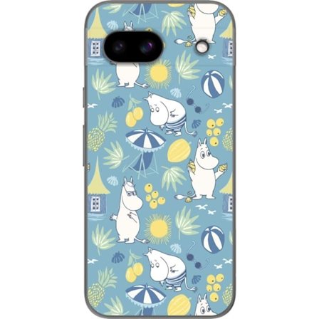 Kompatibel Mobilcover til Google Pixel 8a Strandtema med frugter, parasoller, sommerhus og glade figurer i et farverigt mønster fyldt med legesyge det