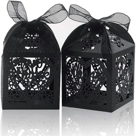 Laserskårne æsker 60 stk. Tak Gaveæsker Bryllupsfest Gaveæsker Blonde Slikæsker (Sort, 60)