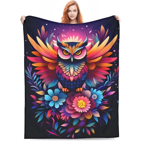 Ugle Blomster Tæppe 152x127 cm Blødt Farverigt Flannel Kastetæppe til Voksne Børn, Letvægts Sofa Seng Indretning, Gave til Ugleelskere[D]