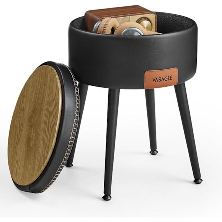 VASAGLE Storage Ottoman, Vanity Chair Pall, Rund Storage Seat, Laster 330 lb, Ink Svart