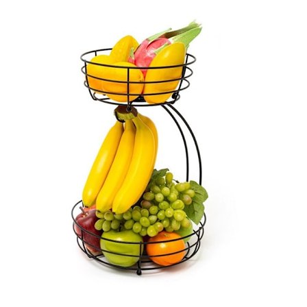 Fruktkurv, 2-etasjers fruktbolle med bananhenger, kjøkkenbenk-stativ, metallboller perfekt (svart)