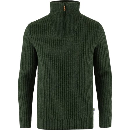 Fjällräven Men's Övik Half Zip Knit in Deep Forest | Size: 2XL, Wool/Leather