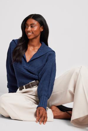 NA-KD Trend Gros Pull tricoté à grand col - Pulls en maille - Bleu Marine - XX-Small