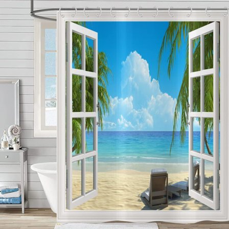 180x200 Trooppinen Ranta Suihkuverho, Ocean Hawaii Saari Palmupuu Valkoisten Puisten Ikkunoiden Läpi Ranta Luontomaisema