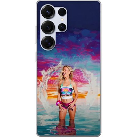 Kompatibelt Mobildeksel til Samsung Galaxy S25 Ultra Blond kvinne i fargerik strandantrekk som leker i havet ved solnedgang
