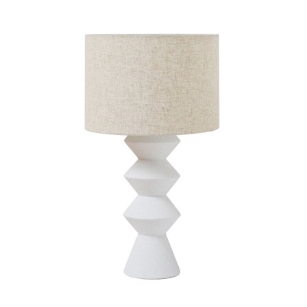 Hvidt fiberlerlampebord med hørskærm, 33x33x62cm