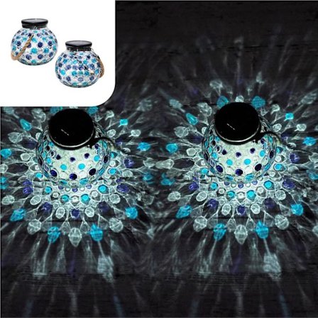 Solar Lanterne Sæt Rød 2 Stykker LED Dekorativ Glas Bordlampe til Have Kugle Mosaik Effekt Lys Reb Håndtag til Ophængning Blå