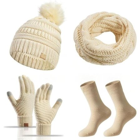Strikket sæt - 4-delt sæt med hue, halstørklæde, handsker og strømper, vintervarmesæt, varme vinterhandsker med touch til vinterbrug
