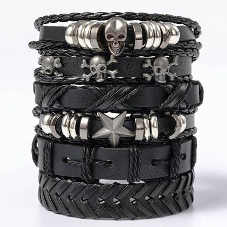 6 stk. sorte flettede læderarmbånd til mænd Punk Skull Armbånd Rock Mænds Håndledsarmbånd Justerbar Punk Smykker til mænd og kvinder