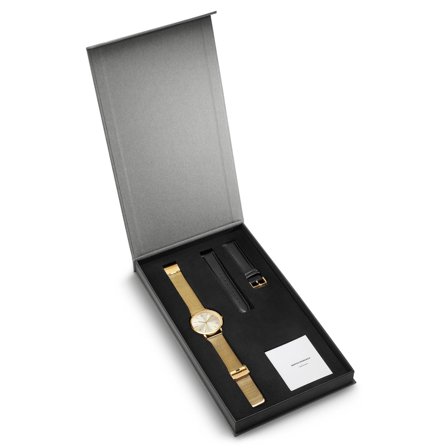 Reloj de vestir en tono dorado con correas de malla y cuero, caja de regalo para hombres - Cajas de regalo