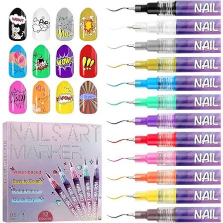 12 pcs Nail Art Pens with Fine Tips, DIY Nail Painting Marker Kit for Beginners and Home Use, Waterproof and Easy to Apply
