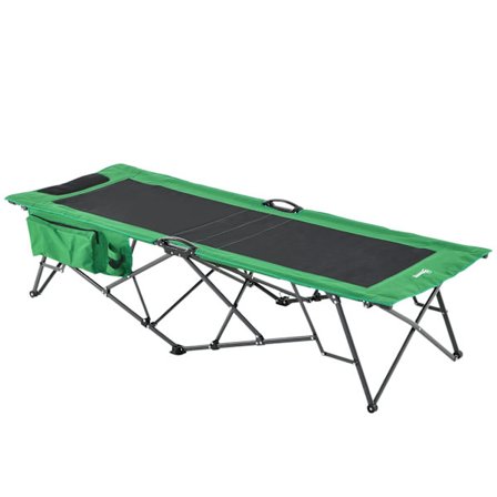 Campingseng, Feltseng, Klapseng Med Sidelomme, Drikkevareholder, Bæreevne Op Til 136 Kg, Stål Oxford Grøn + Sort, 200 X 73 X 49 Cm