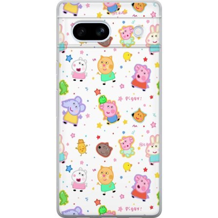 Kompatibelt Mobildeksel til Google Pixel 7a Fargerike tegneserie dyrekarakterer i en leken stil med stjerner og prikker på en lys bakgrunn