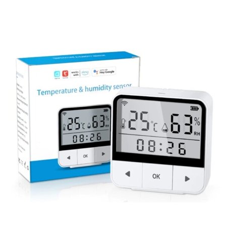 Hapythda Tuya WiFi Temperatur Fuktighet Sensor med Alarm APP Röst Kontroll Smart Inomhus Termometer