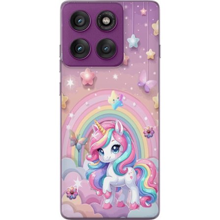 Kompatibelt Mobildeksel til Motorola Edge 60 Pro Magisk enhjørning med regnbue manke, stjerner og sommerfugler mot en pastellhimmel med skyer