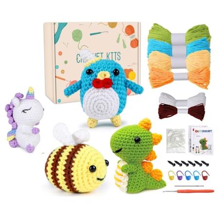 Virkattu sarja aloittelijoille, 4 kappaletta eläimiä aikuisille ja lapsille ohjeilla ja video-oppailla