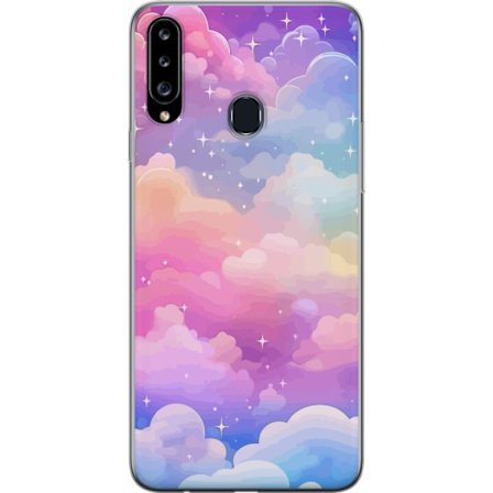 Kompatibelt Mobildeksel til Samsung Galaxy A20s Søt enhjørning med regnbuefarget hår mot en stjernebelagt pastellbakgrunn i kawaii-stil