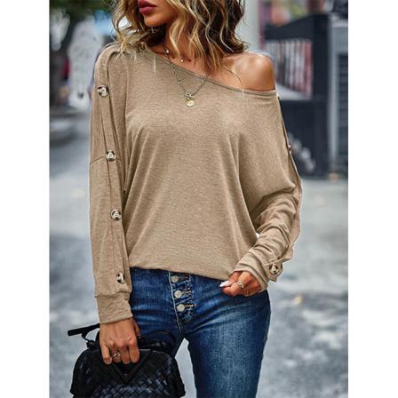 Dam Off Shoulder Stickad Tunika Blus Knappar Dekor Pullover