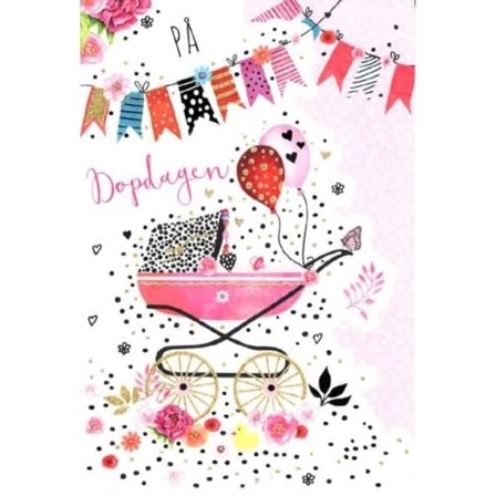 Dubbelt Dopkort, På Dopdagen, Barnvagn, Rosa - Spader