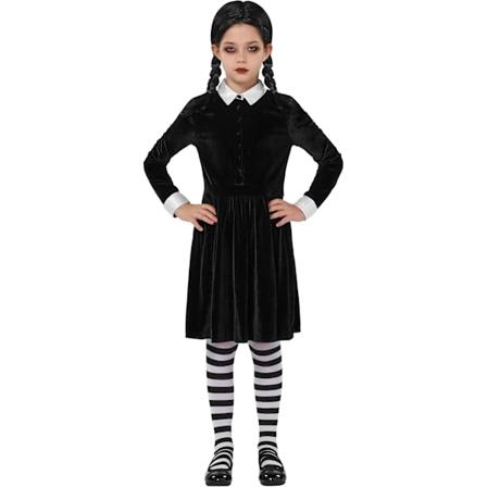 Musta kaulusmekko tyt ille, pitk hihainen koululaisasu peruukilla, sametti-luistelumekko pienille tyt ille Halloweeniin, cosplay-juhliin Parent