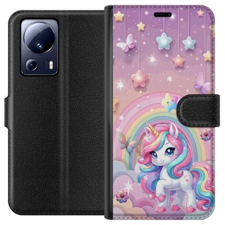 Kompatibel Tegnebogsetui til Xiaomi 13 Lite Magisk enhjørning med regnbue manke, stjerner og sommerfugle mod en pastelfarvet himmel med skyer