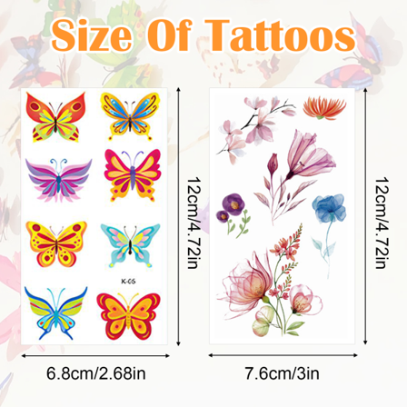 Tillfälliga fjärils- och blomtatueringar, 107 stilar färgglada små fjärilar blommor tatueringsklistermärken, ansikte kropp vattentäta falska 